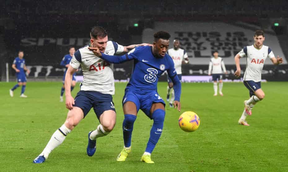 Callum Hudson-Odoi tussles with Pierre-Emile Højbjerg during Chelsea’s game against Spurs.