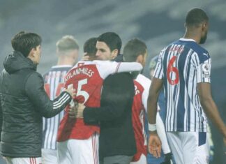 Mikel Arteta hugs Ainsley Maitland-Niles after Arsenal’s 4-0 win at the Hawthorns in January.