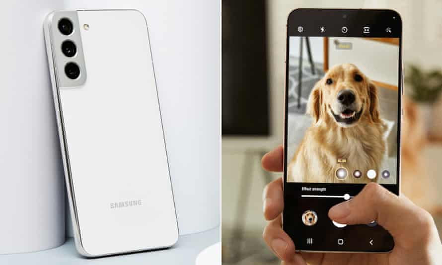 Samsung Galaxy S22+ shown leaning against a wall and shooting a photo of a dog