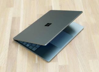 The Microsoft Surface Laptop Go 2 pictured half open on a table.