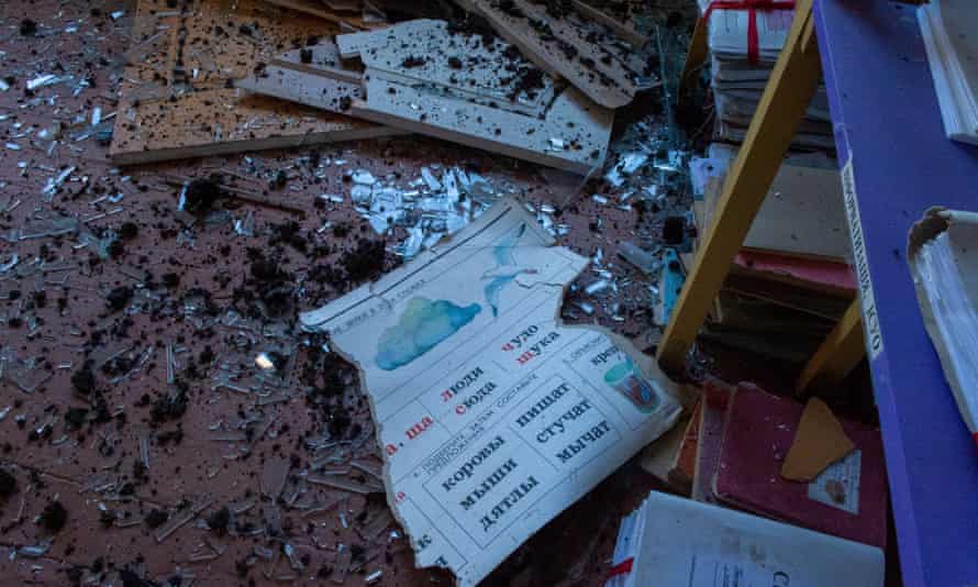Damage at a school in Kharkiv hit by a Russian missile.