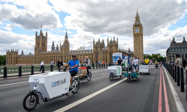 Cargo bikes at a rally in London. The bikes are used commonly for courier work in the capital.
